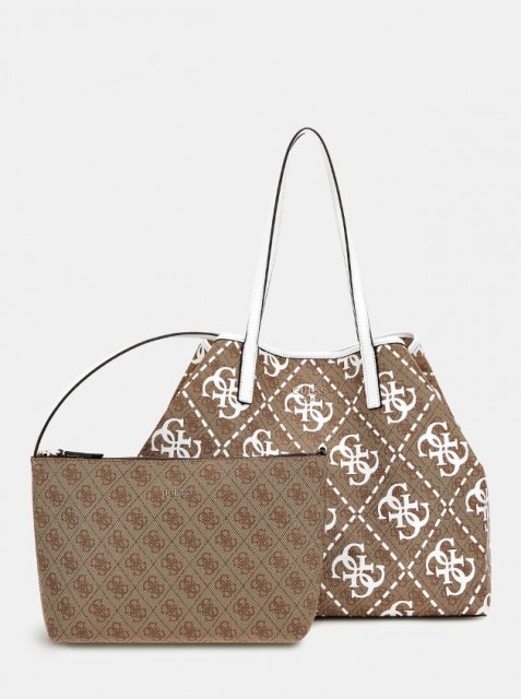 Guess Vikky Large Tote Bag, Latte Logo/White