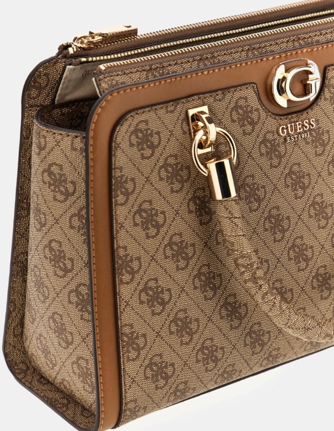 Guess Orlina Logo Society Satchel, Latte Logo/Brown